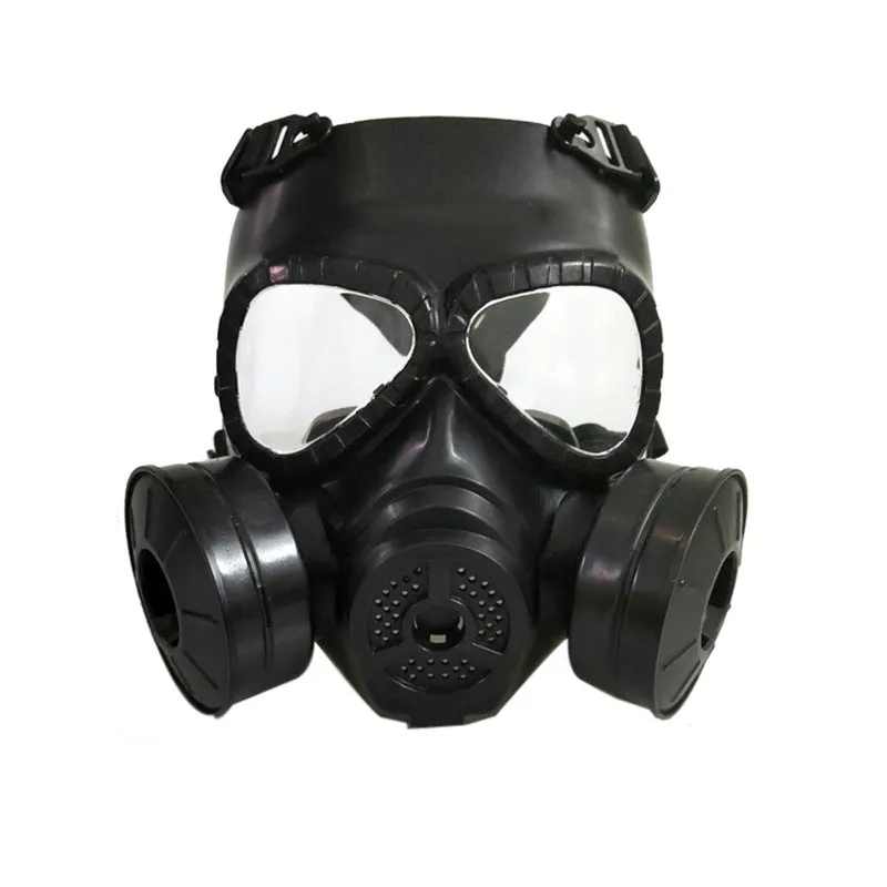 Real-life Field Equipment twin fan mask in black with transparent lens, head-mounted TPR design for outdoor use