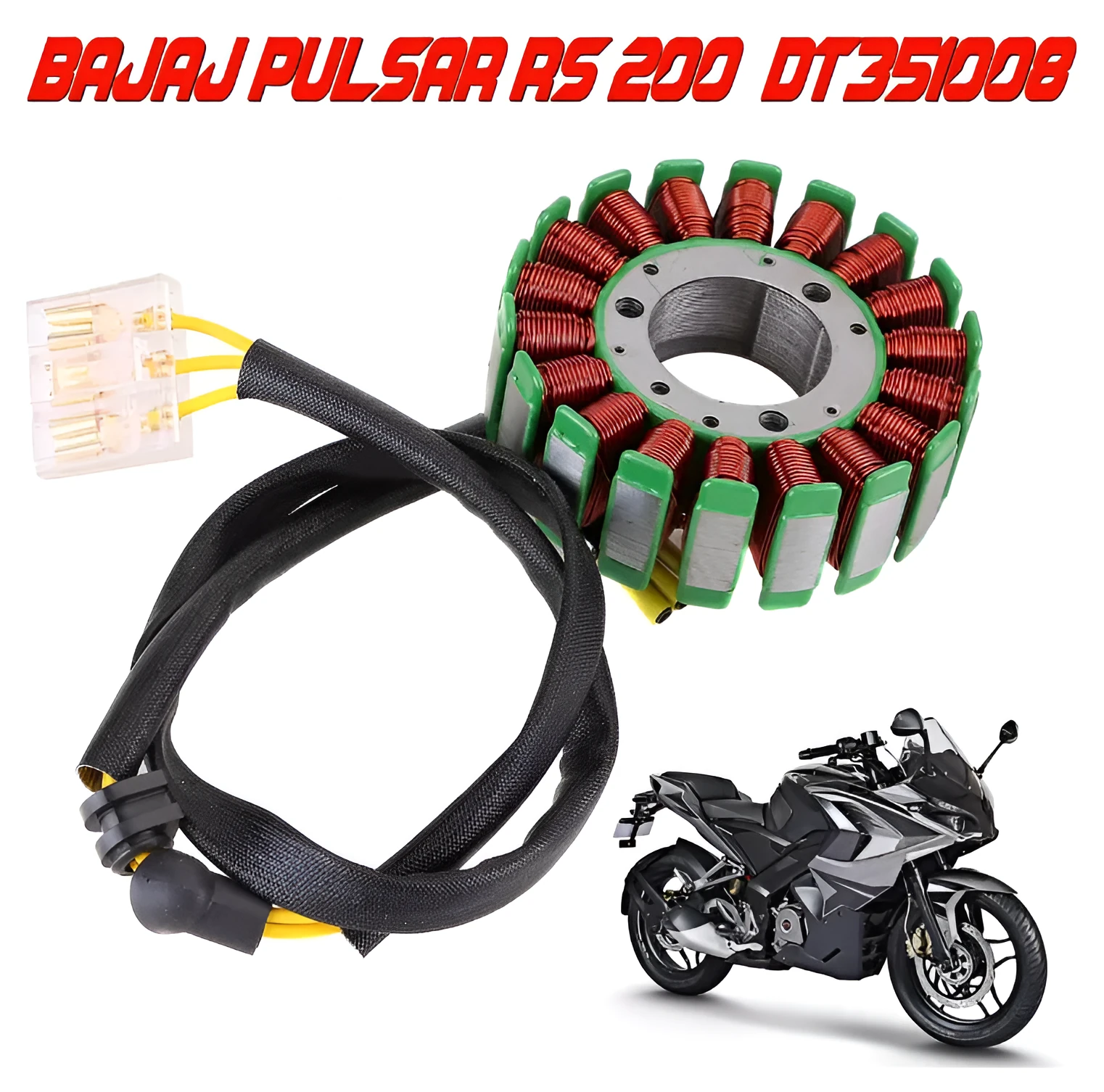 Metal stator ignition coil for motorcycles, dimensions 17x12x7cm, isolated on white background