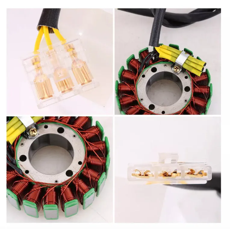 Metal stator ignition coil for motorcycles, dimensions 17x12x7cm, isolated on white background