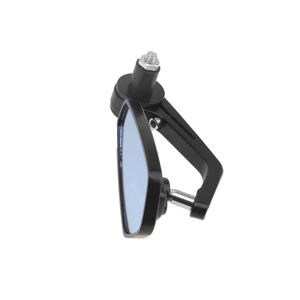 Pair of diamond-shaped aluminium motorcycle rearview mirrors with blue heslan glass on black plug fittings