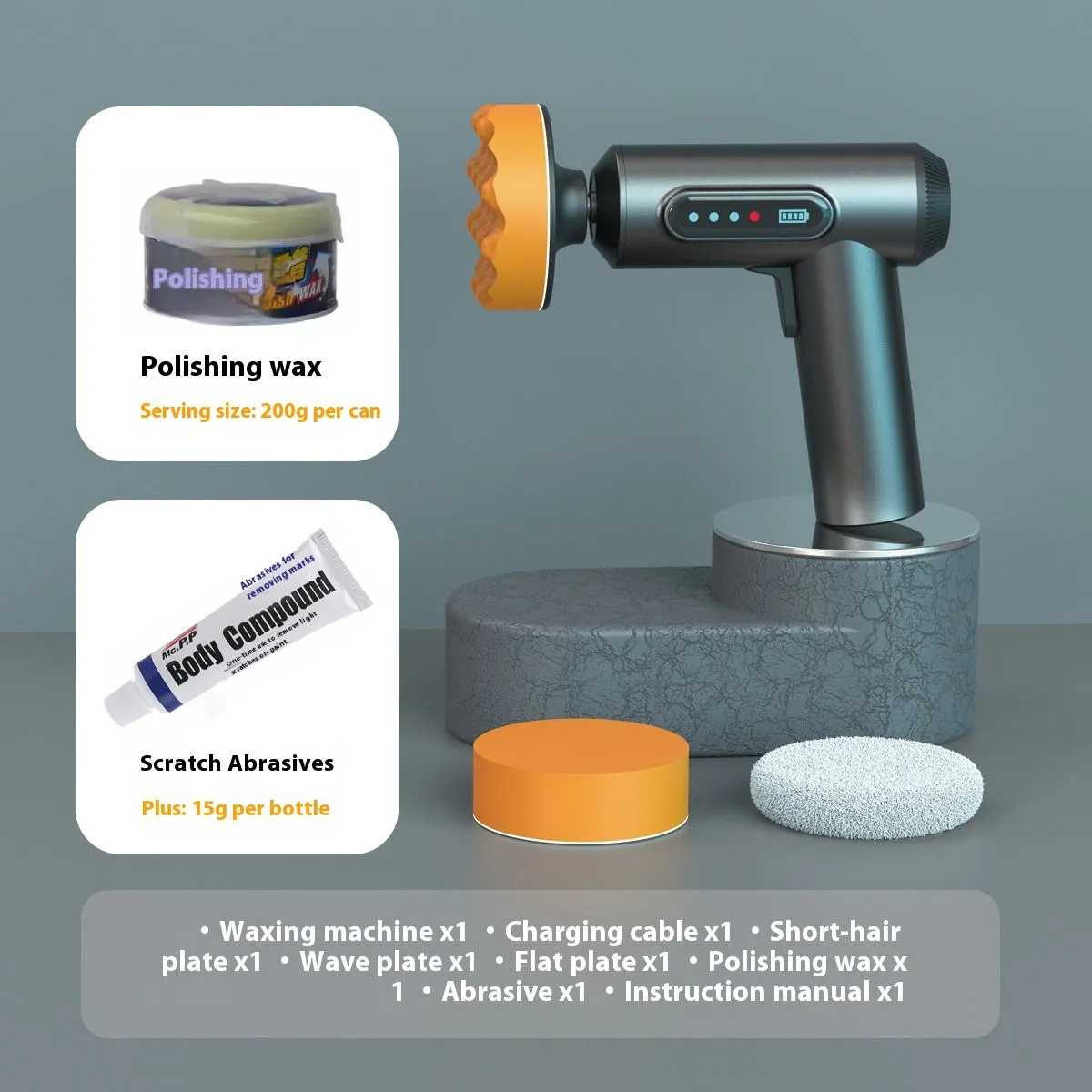 Wireless car polishing machine with three pads and charging cable on workbench