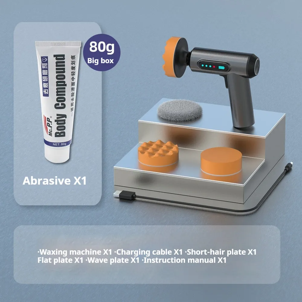 Wireless car polishing machine with three pads and charging cable on workbench