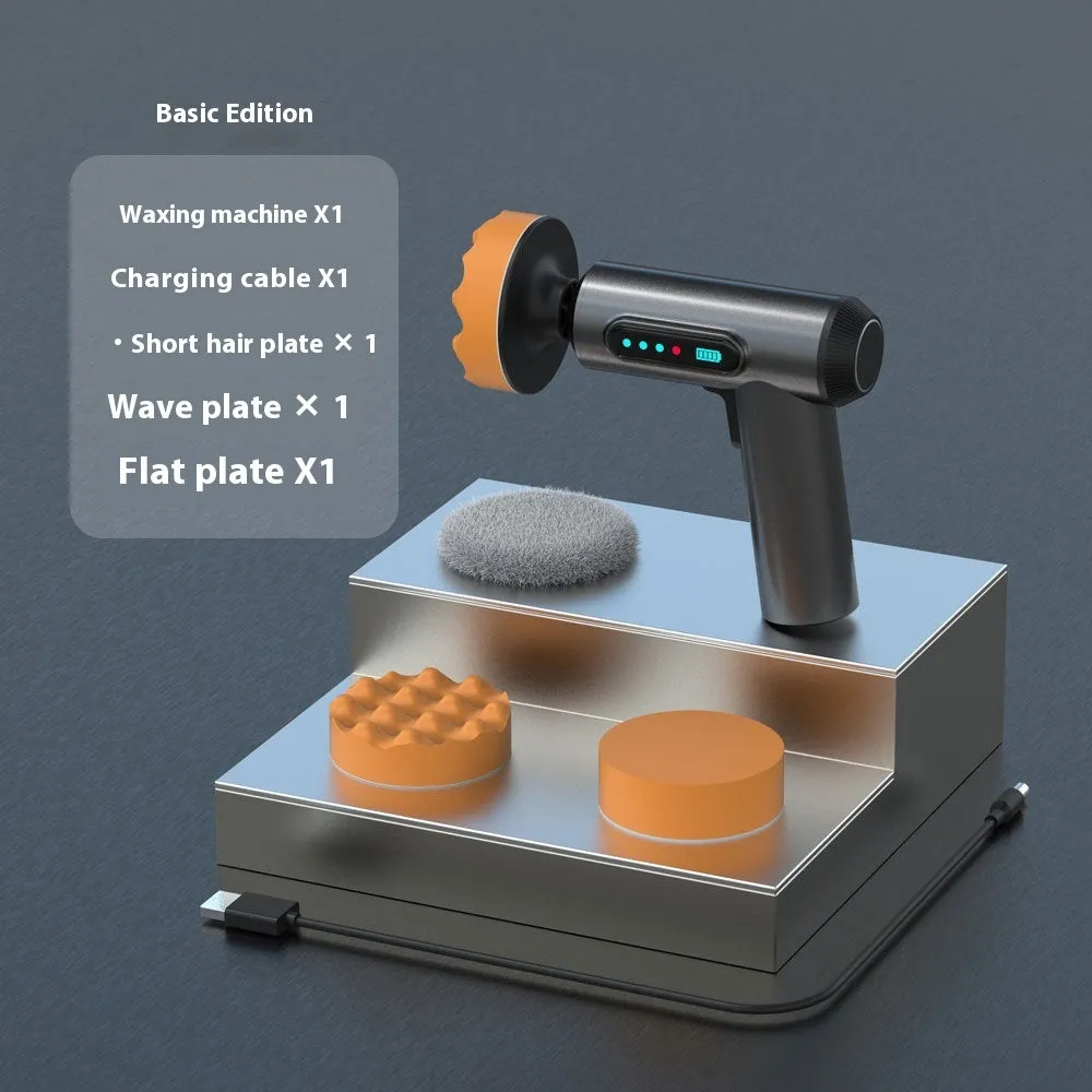 Wireless car polishing machine with three pads and charging cable on workbench