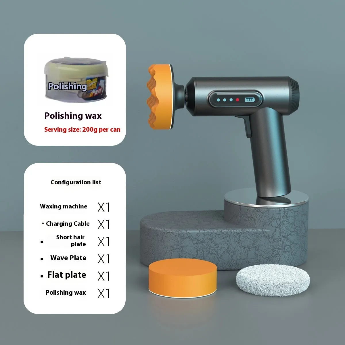 Wireless car polishing machine with three pads and charging cable on workbench
