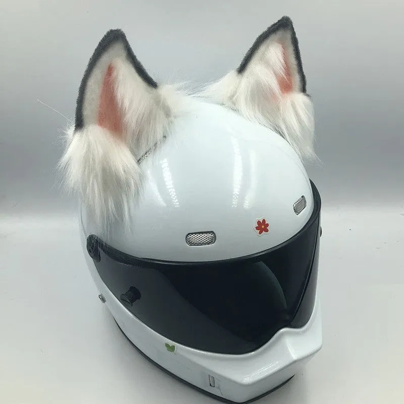 Set of black and white ABS wolf ears and matching tail for clipping onto a motorcycle helmet