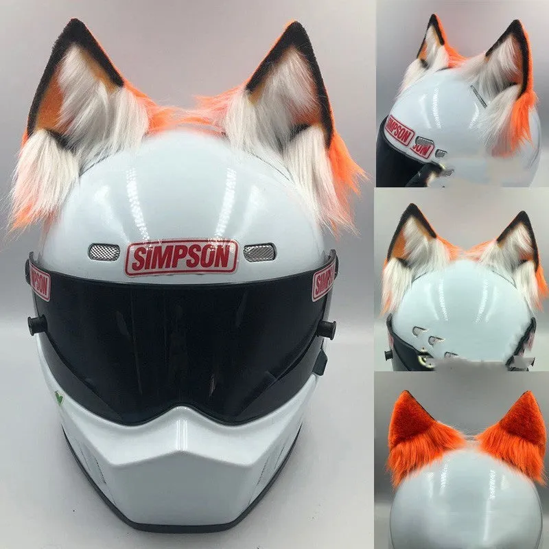 Set of black and white ABS wolf ears and matching tail for clipping onto a motorcycle helmet