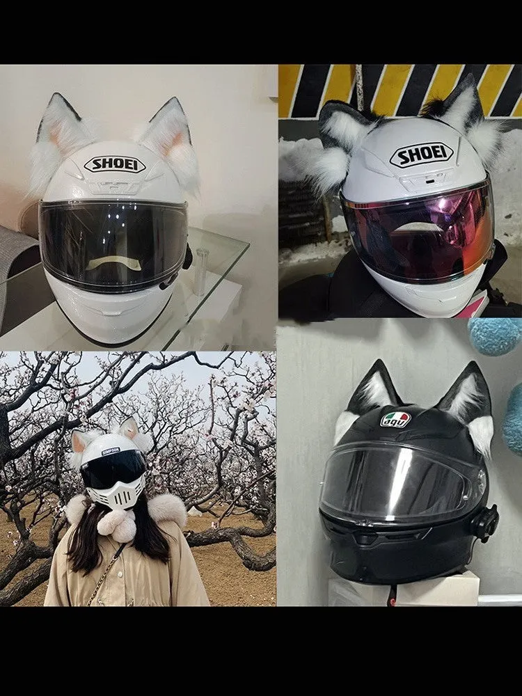 Set of black and white ABS wolf ears and matching tail for clipping onto a motorcycle helmet