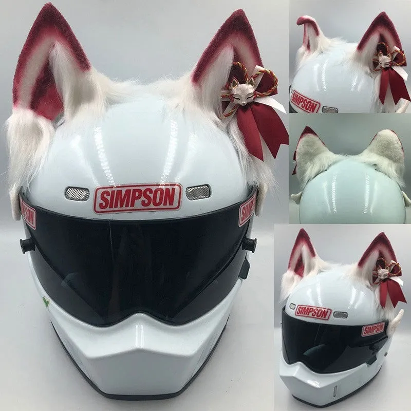 Set of black and white ABS wolf ears and matching tail for clipping onto a motorcycle helmet