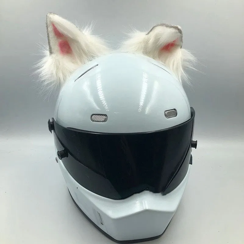 Set of black and white ABS wolf ears and matching tail for clipping onto a motorcycle helmet