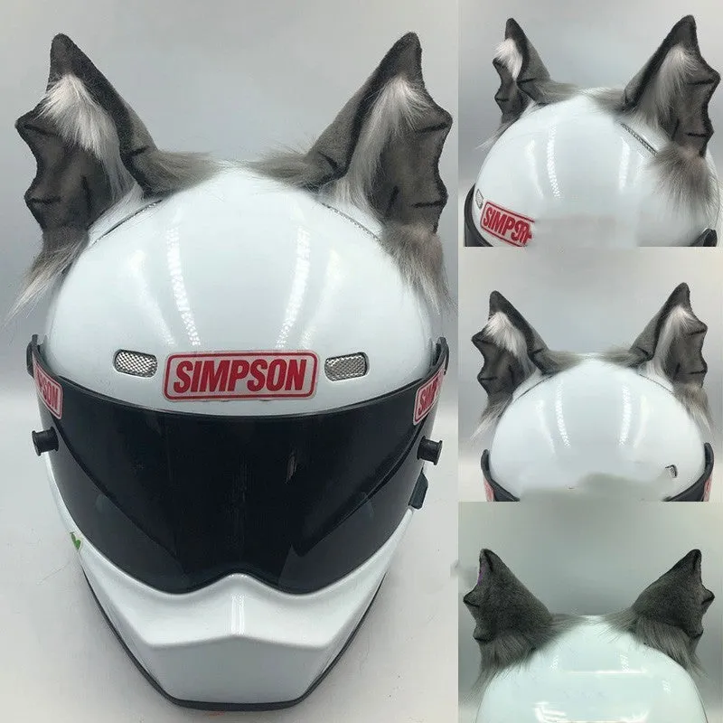 Set of black and white ABS wolf ears and matching tail for clipping onto a motorcycle helmet