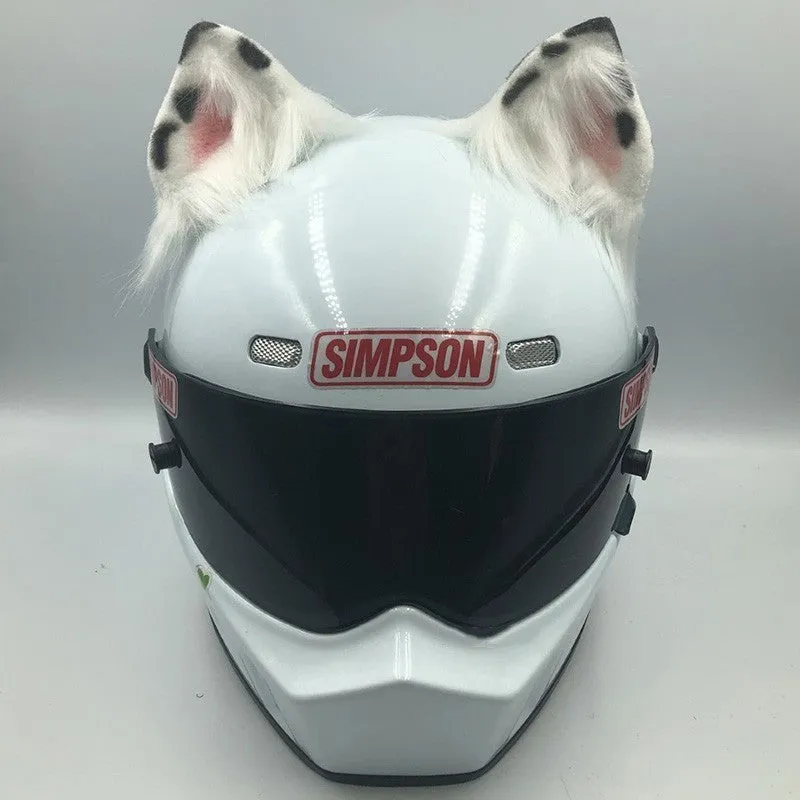 Set of black and white ABS wolf ears and matching tail for clipping onto a motorcycle helmet