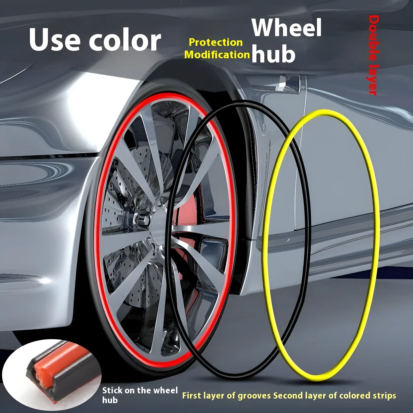 PVC car wheel hub decorative strip protective ring in black fitted on a car rim