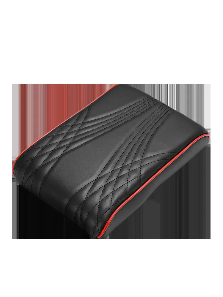 PU leather car armrest cover with heightening insole, black stripes, with pocket, on vehicle seat