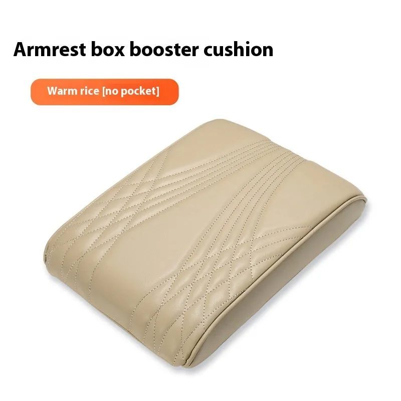 PU leather car armrest cover with heightening insole, black stripes, with pocket, on vehicle seat