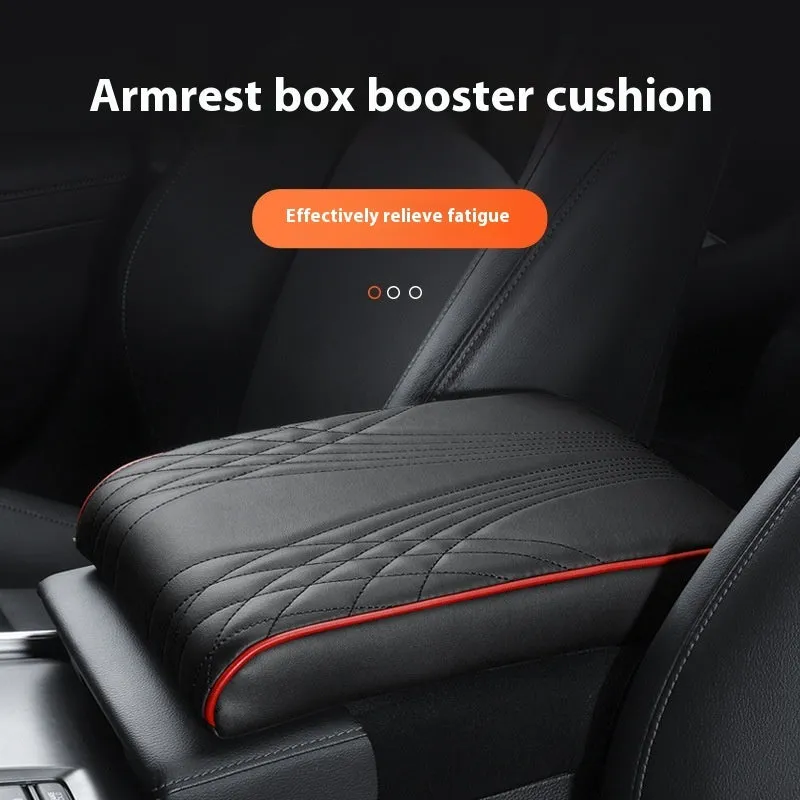 PU leather car armrest cover with heightening insole, black stripes, with pocket, on vehicle seat