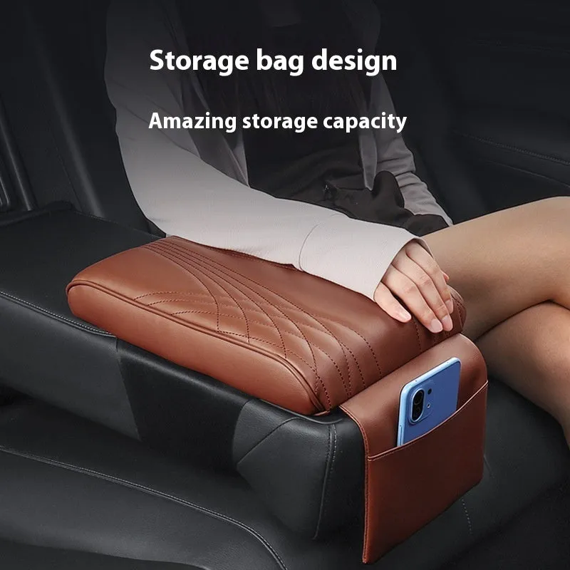 PU leather car armrest cover with heightening insole, black stripes, with pocket, on vehicle seat