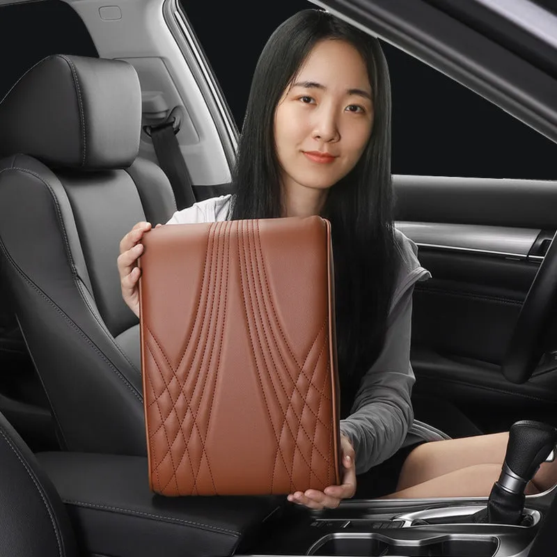 PU leather car armrest cover with heightening insole, black stripes, with pocket, on vehicle seat