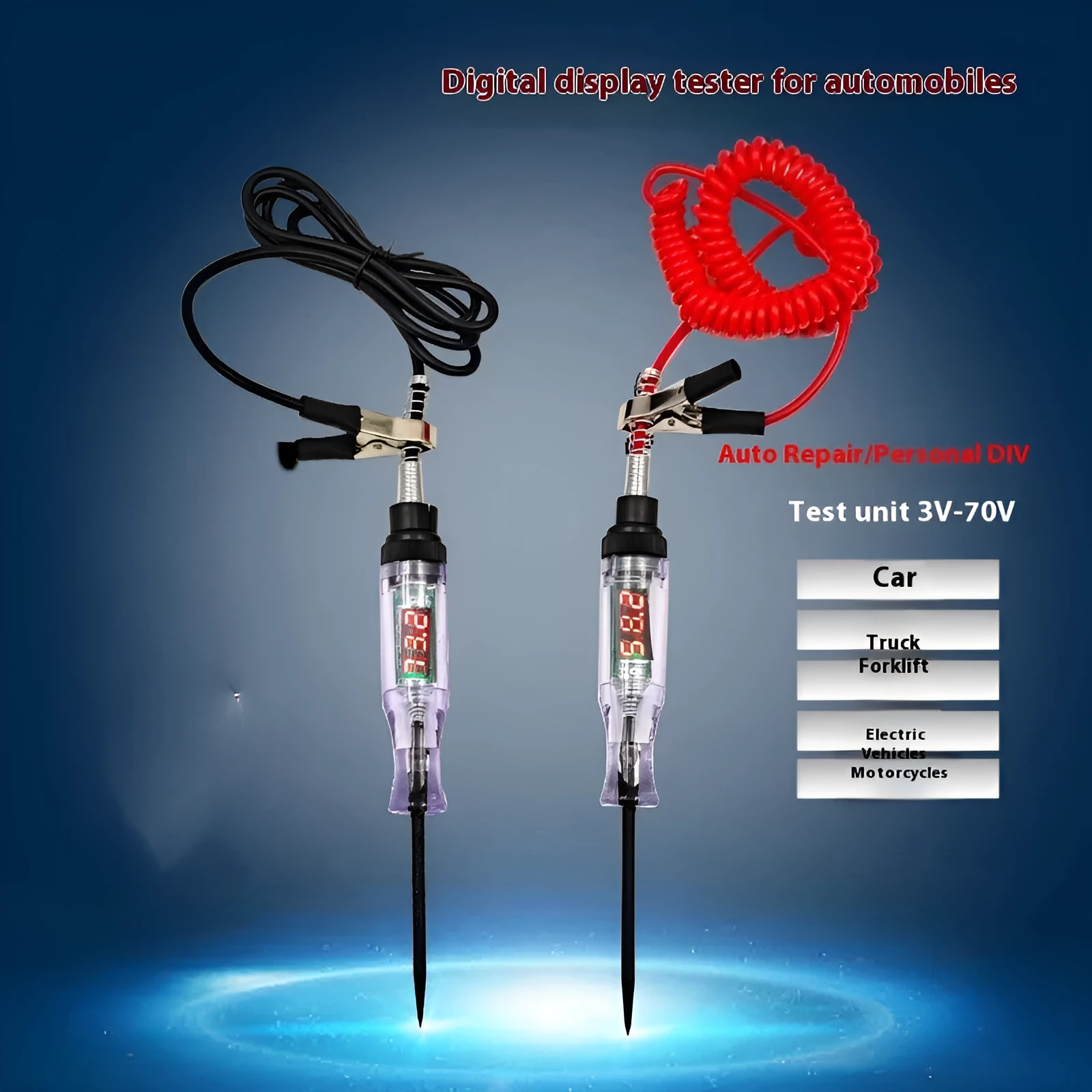 Digital display automotive circuit detection tool with wire leads for testing 6V 12V 24V systems