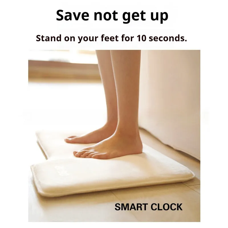 Smart carpet mat alarm clock with cloth velvet surface, 20mm thick, small or large size, dual daily alarms and stand-on deactivation