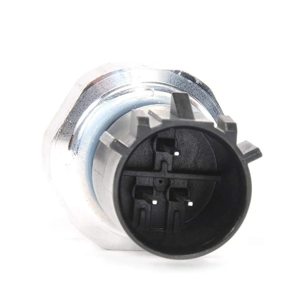 Silver-coloured automobile fuel pressure sensor for engine management systems.