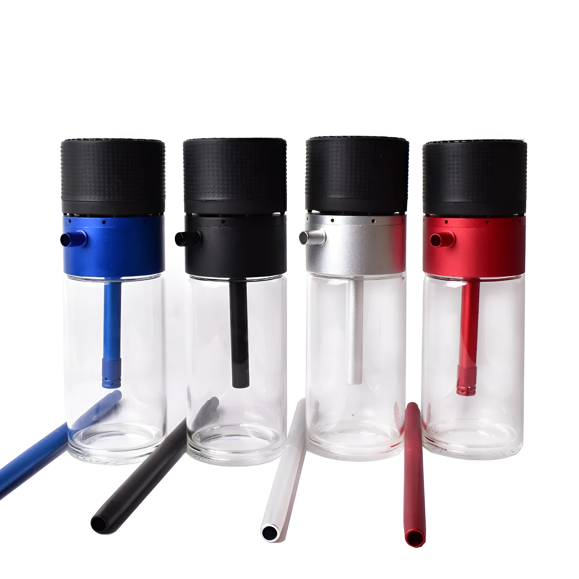 Small portable glass hookah with aluminium body in black, silver gray, red or blue, modern Japanese style