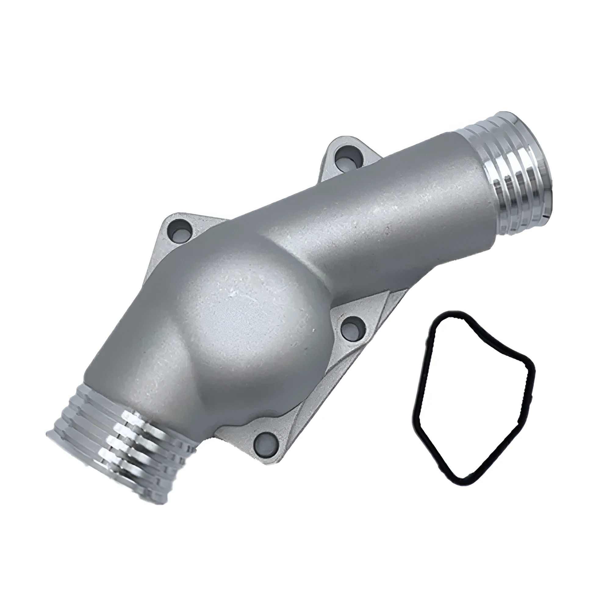 Silver aluminium thermostat housing cover with gasket for BMW engine cooling