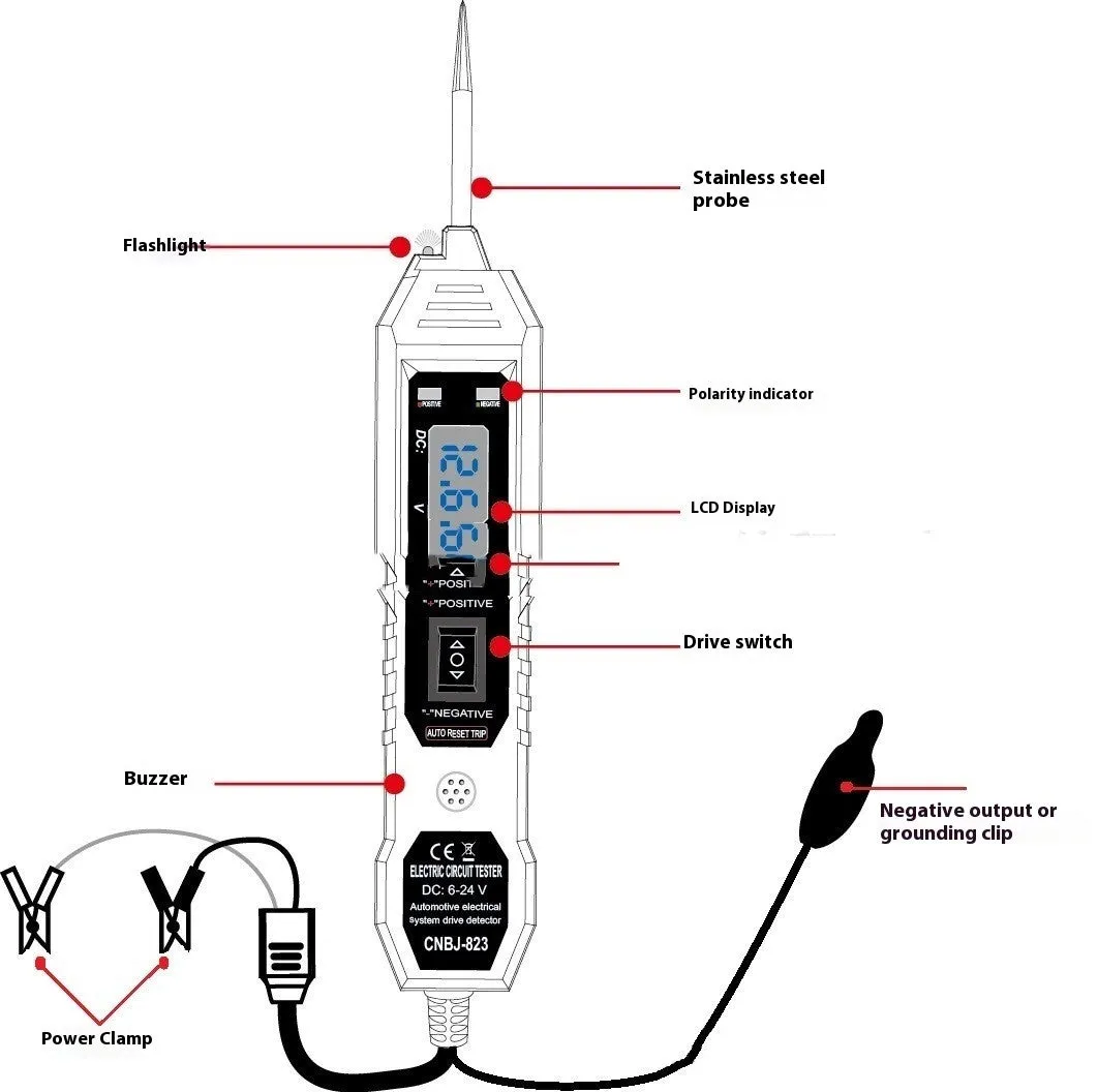 MZ-823 upgraded automotive circuit tester with 4.5-metre cable, compact probe body, and copper-alloy tip for 12V 24V diagnostics
