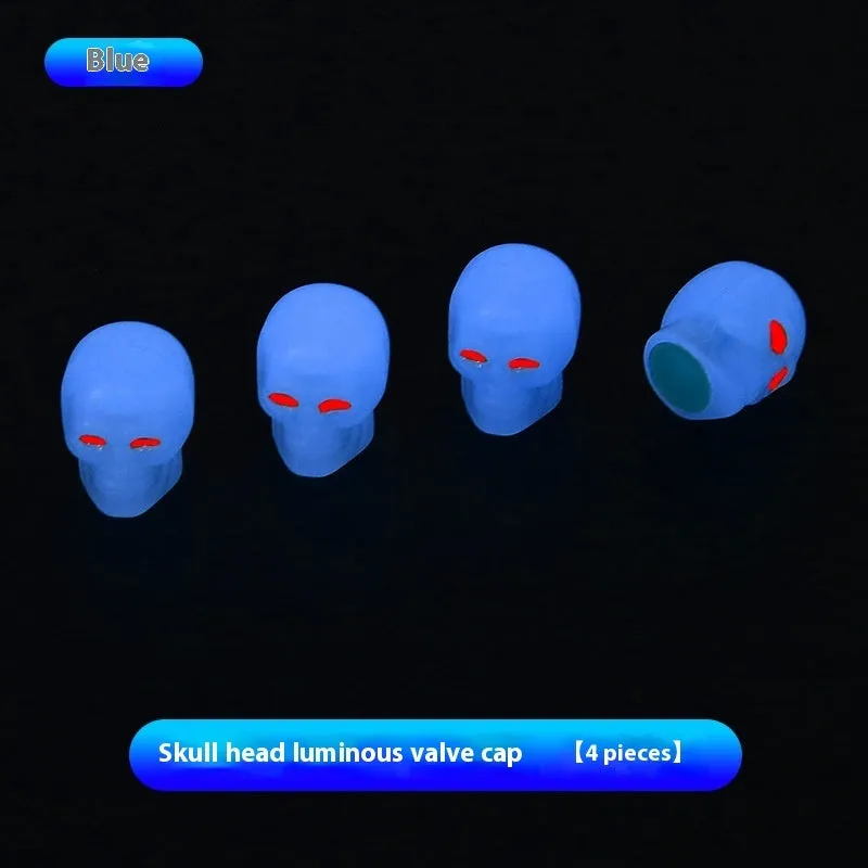 Luminous skull-shaped rubber car tyre valve cap in glow effect on a standard wheel