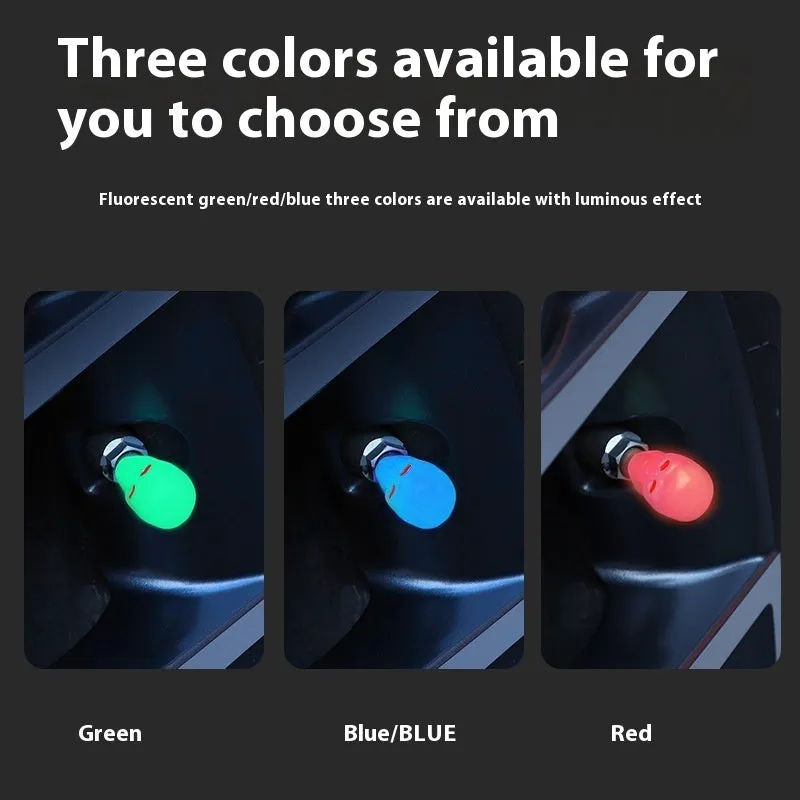 Luminous skull-shaped rubber car tyre valve cap in glow effect on a standard wheel