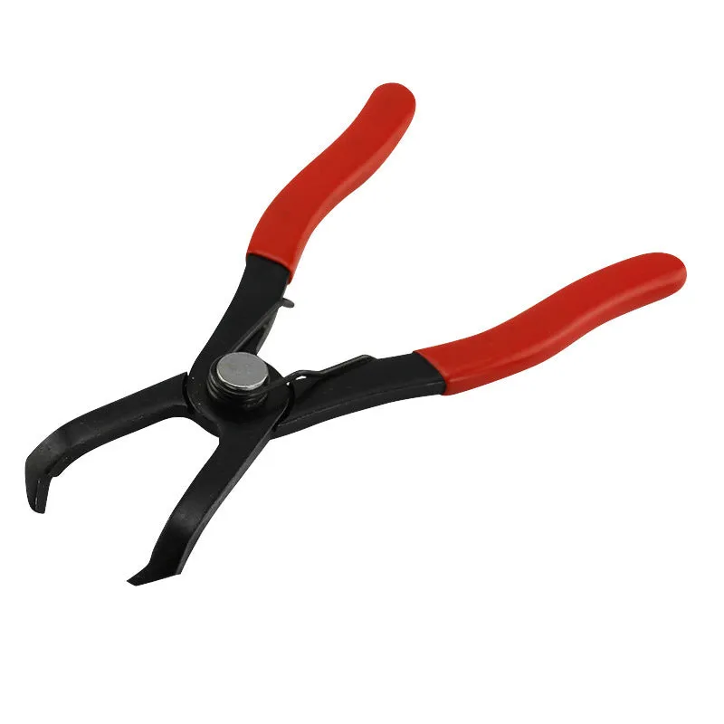 Red round nail removal pliers with PVC handles and adjustable jaws for interior trim work
