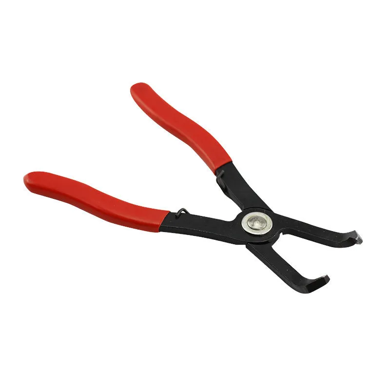 Red round nail removal pliers with PVC handles and adjustable jaws for interior trim work