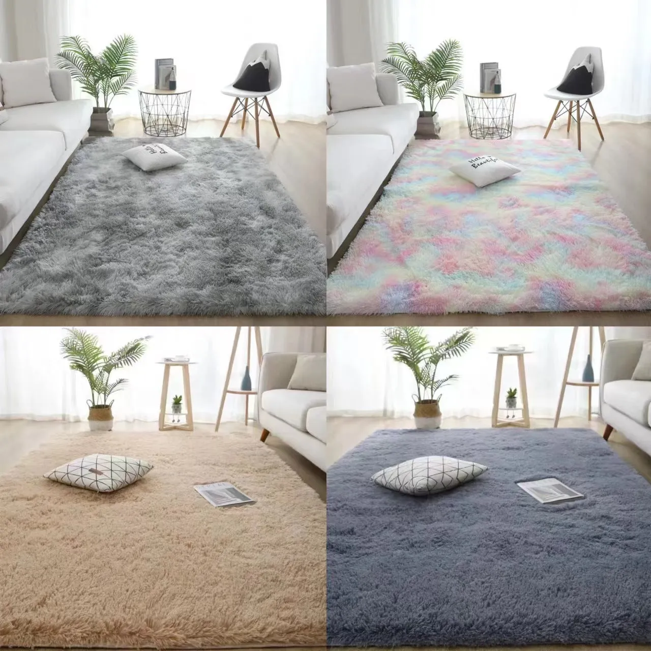Silk hair tie-dyed plush carpet in tie dye beige colour, available in multiple sizes for living room and bedroom floor