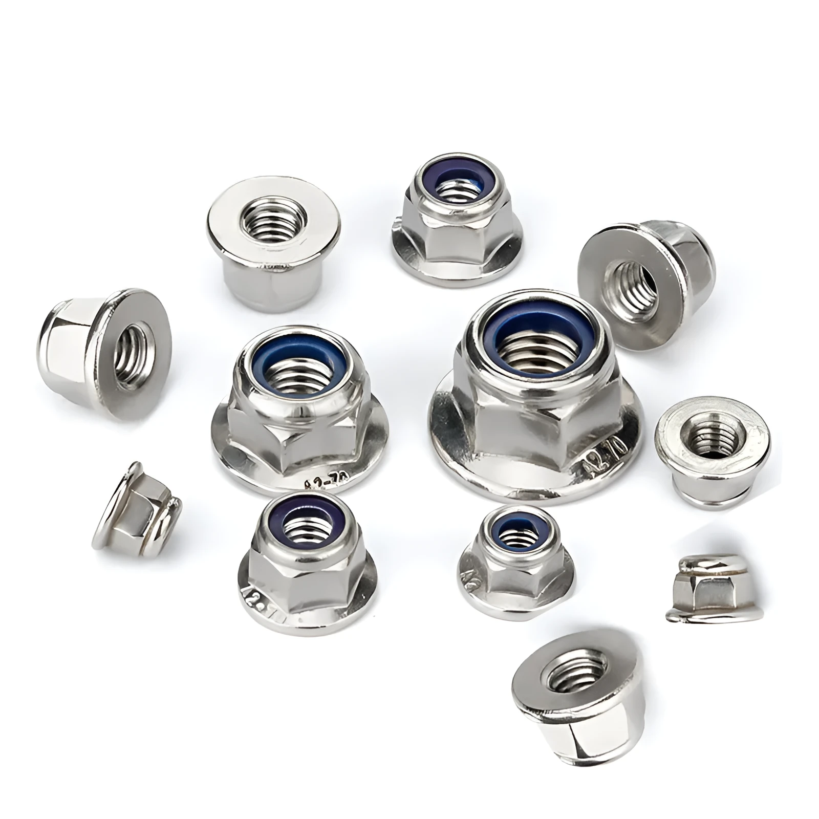 304 stainless steel flange nylon locking nut with hexagonal flats and integrated flange base, shown in metric sizes M3 to M16