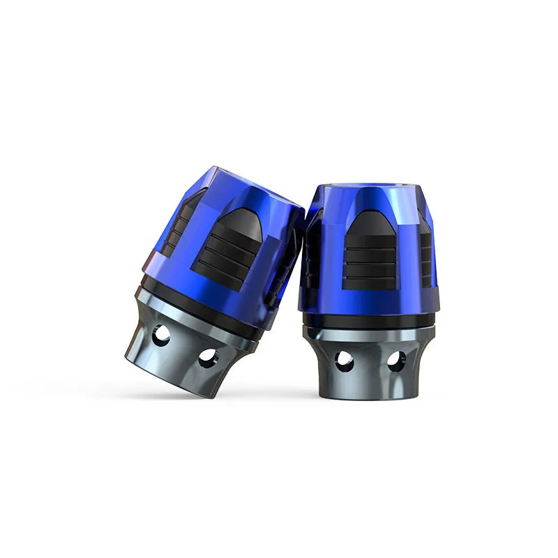 A pair of anodised aluminium fork cups for motorcycle or electric car front axles, shown in a selection of colours.