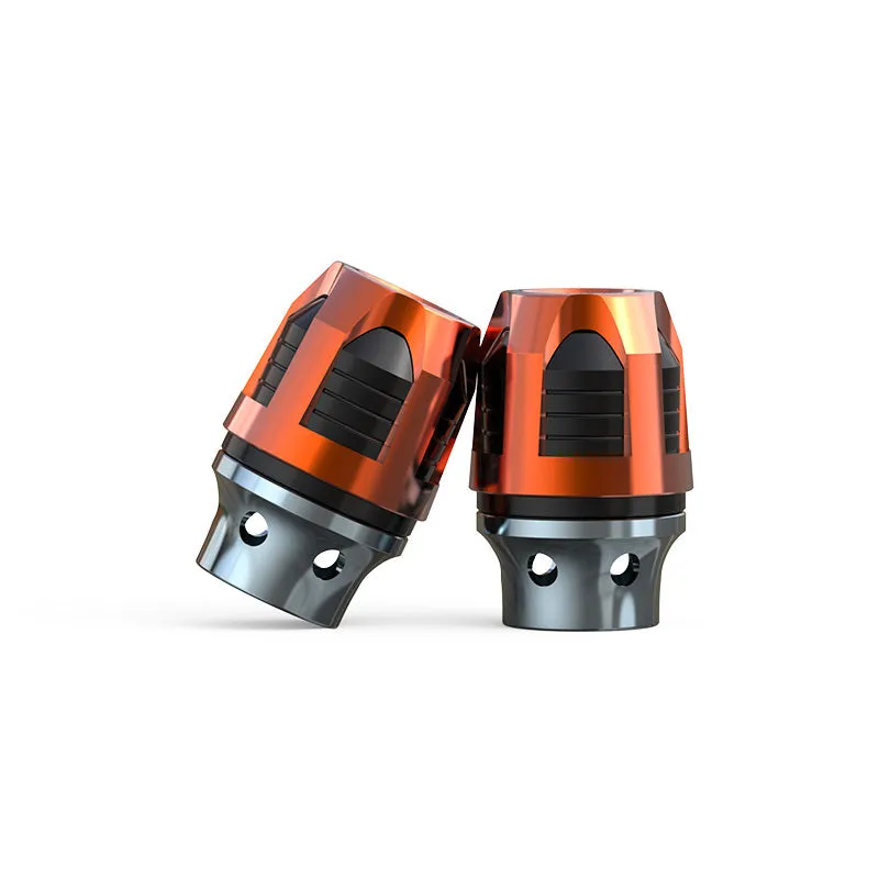 A pair of anodised aluminium fork cups for motorcycle or electric car front axles, shown in a selection of colours.