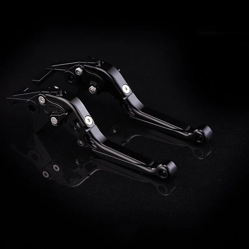 Pair of anodised metal motorcycle brake and clutch levers with adjustable length mechanism in various colour options.