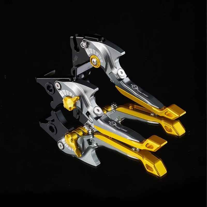 Pair of anodised metal motorcycle brake and clutch levers with adjustable length mechanism in various colour options.