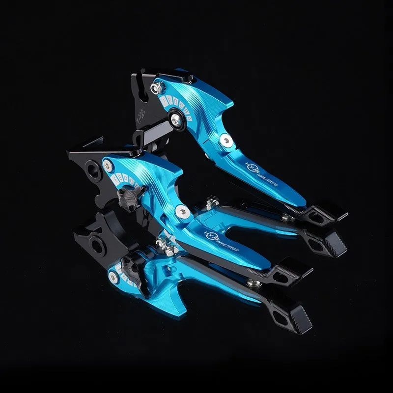 Pair of anodised metal motorcycle brake and clutch levers with adjustable length mechanism in various colour options.