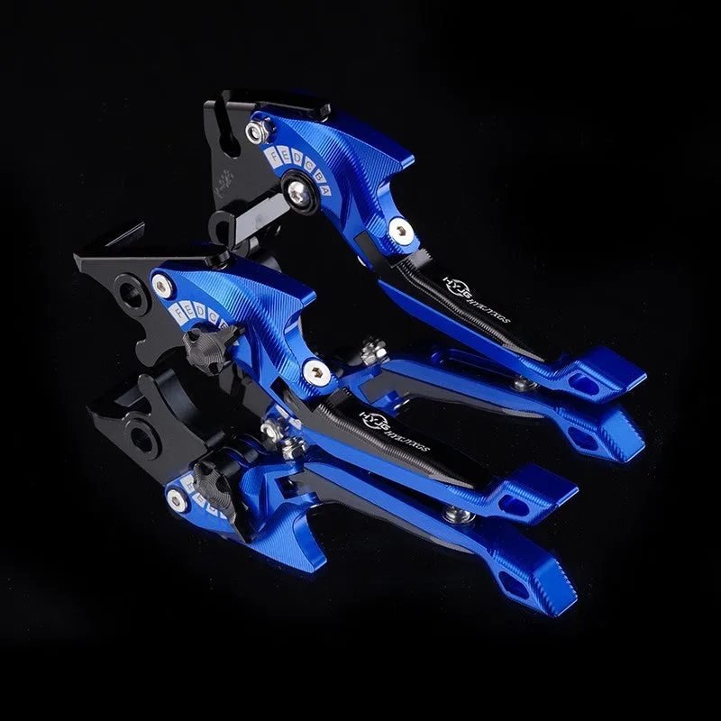 Pair of anodised metal motorcycle brake and clutch levers with adjustable length mechanism in various colour options.