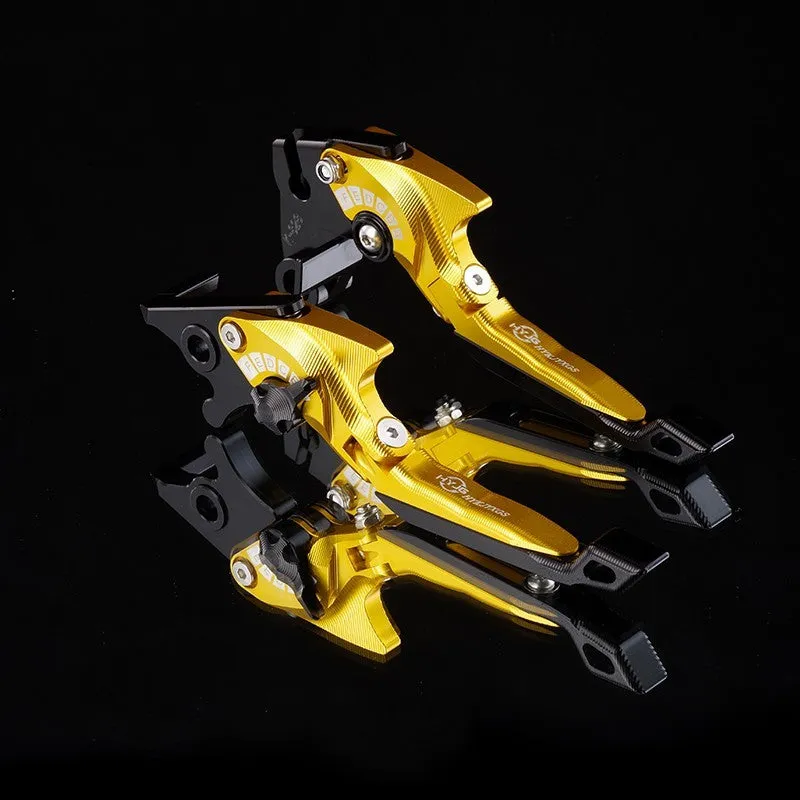 Pair of anodised metal motorcycle brake and clutch levers with adjustable length mechanism in various colour options.