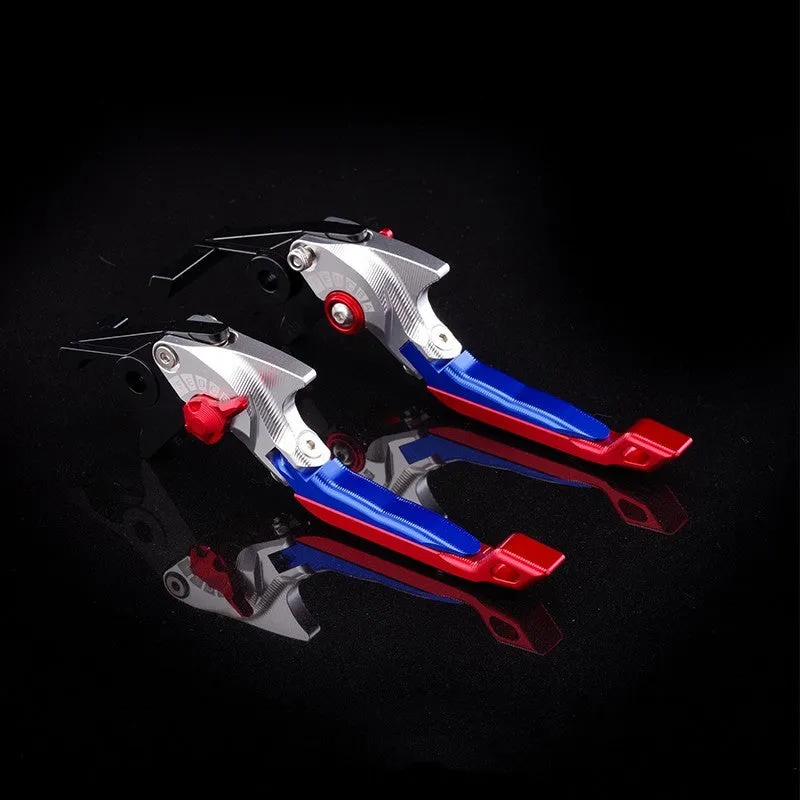 Pair of anodised metal motorcycle brake and clutch levers with adjustable length mechanism in various colour options.