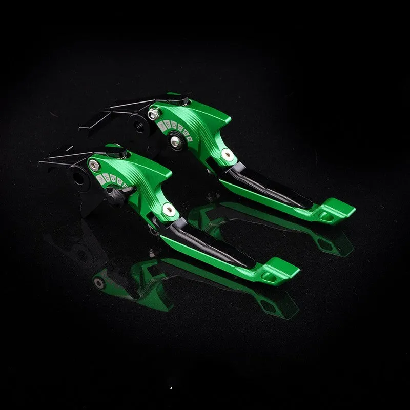 Pair of anodised metal motorcycle brake and clutch levers with adjustable length mechanism in various colour options.