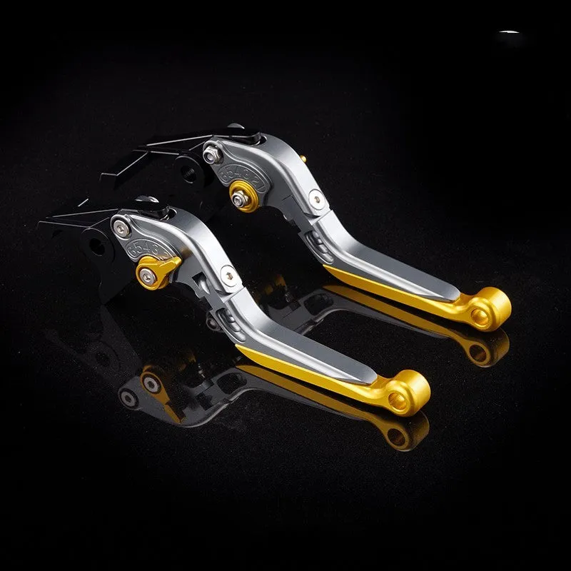 Pair of anodised metal motorcycle brake and clutch levers with adjustable length mechanism in various colour options.