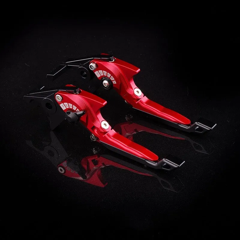 Pair of anodised metal motorcycle brake and clutch levers with adjustable length mechanism in various colour options.