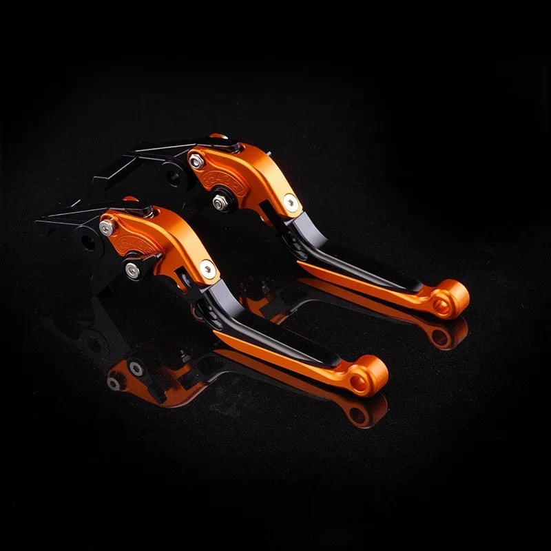 Pair of anodised metal motorcycle brake and clutch levers with adjustable length mechanism in various colour options.