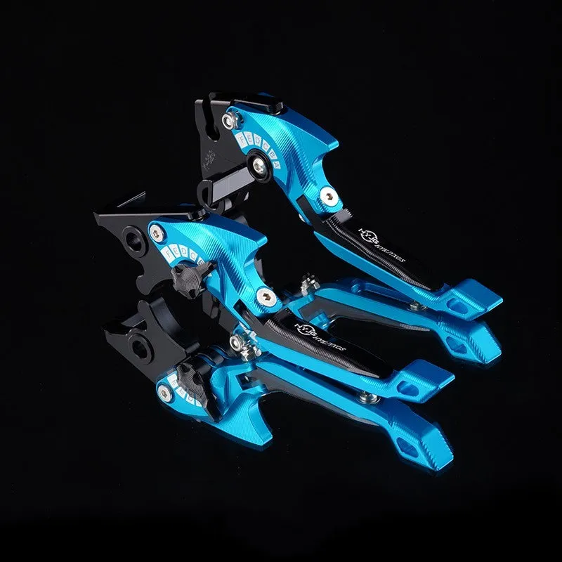 Pair of anodised metal motorcycle brake and clutch levers with adjustable length mechanism in various colour options.