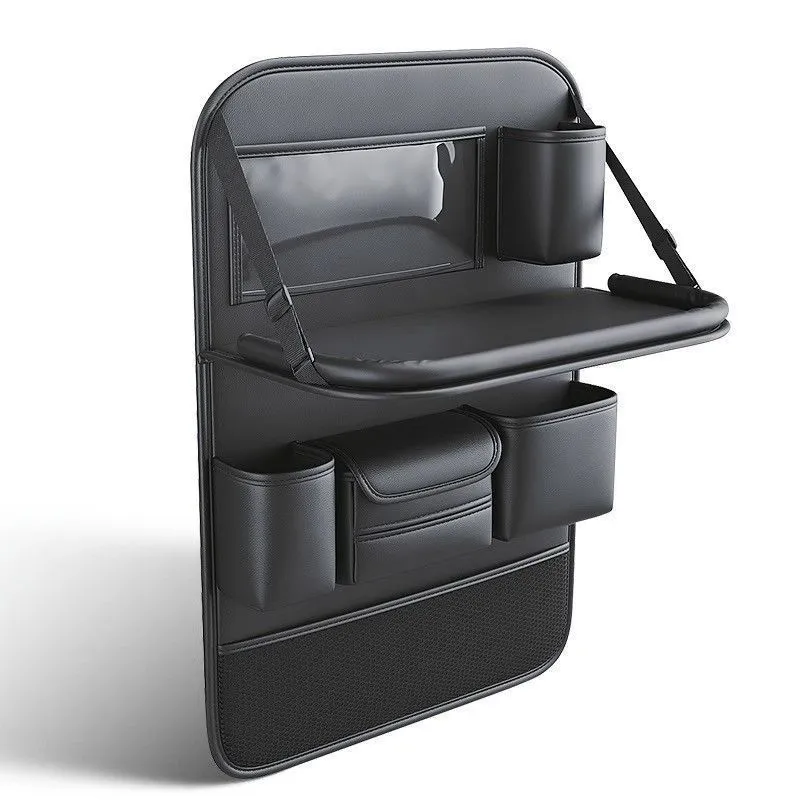 Black leather car seat back storage rack with handle and suspension straps