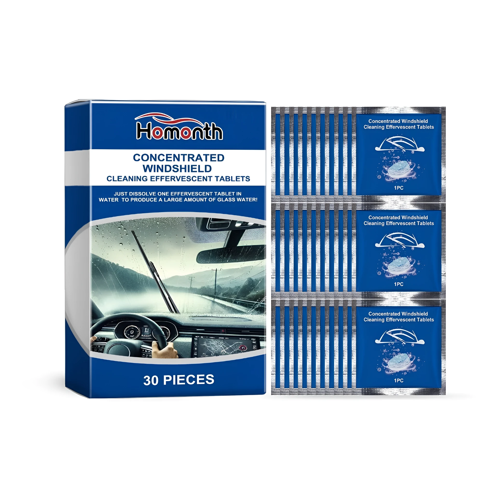 Concentrated windshield cleaning effervescent tablets 30-pack 6x6cm in blister pack