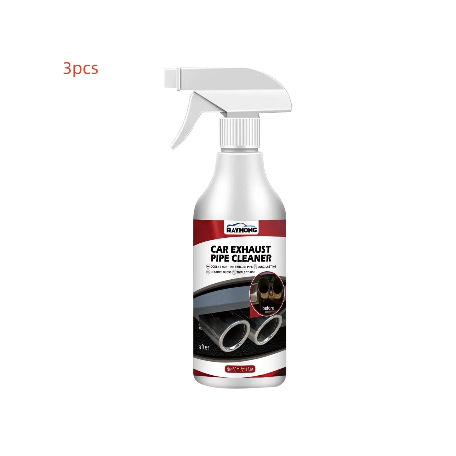 Car exhaust pipe cleaner rust removal 60ml bottle with thick formula on vehicle exhaust tip