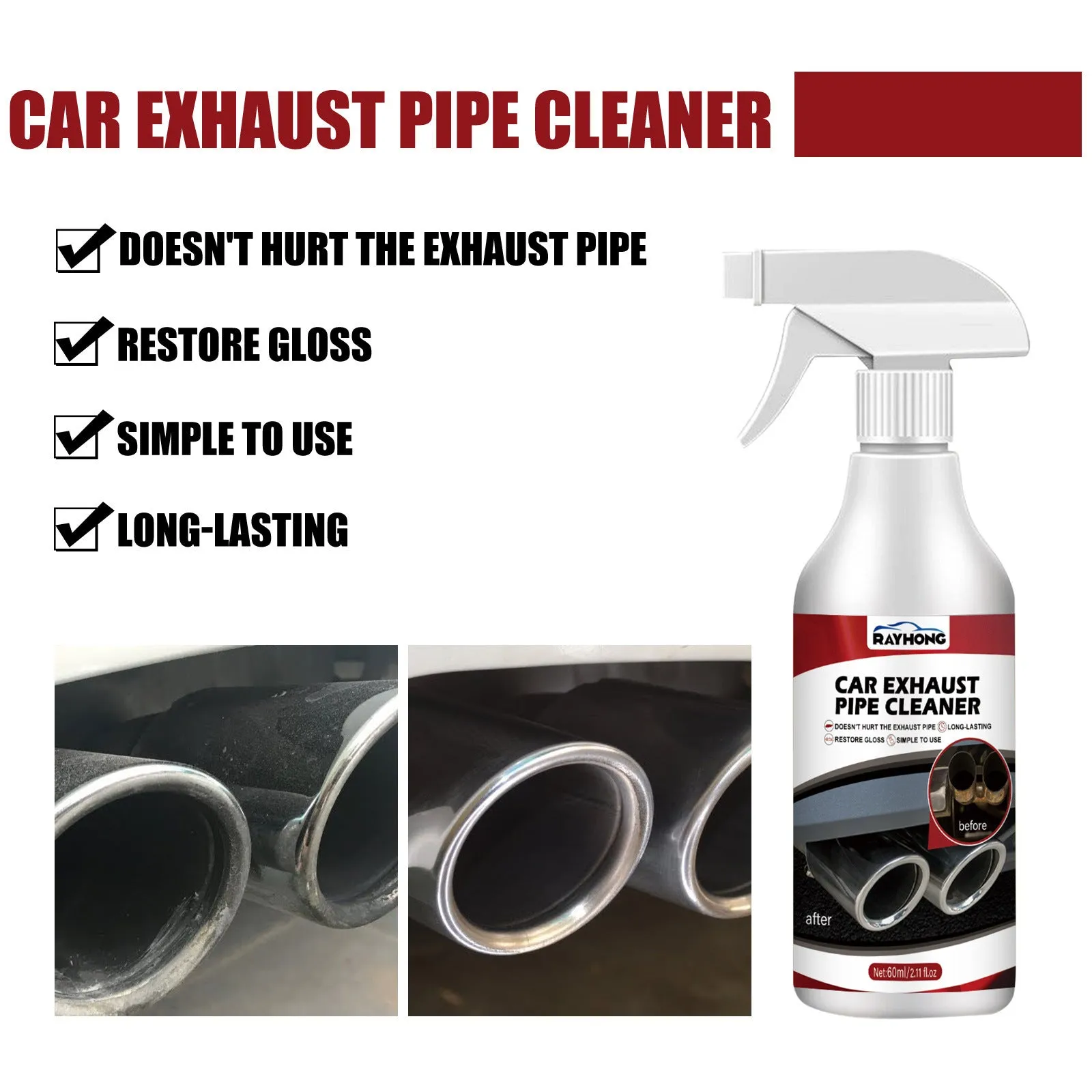Car exhaust pipe cleaner rust removal 60ml bottle with thick formula on vehicle exhaust tip